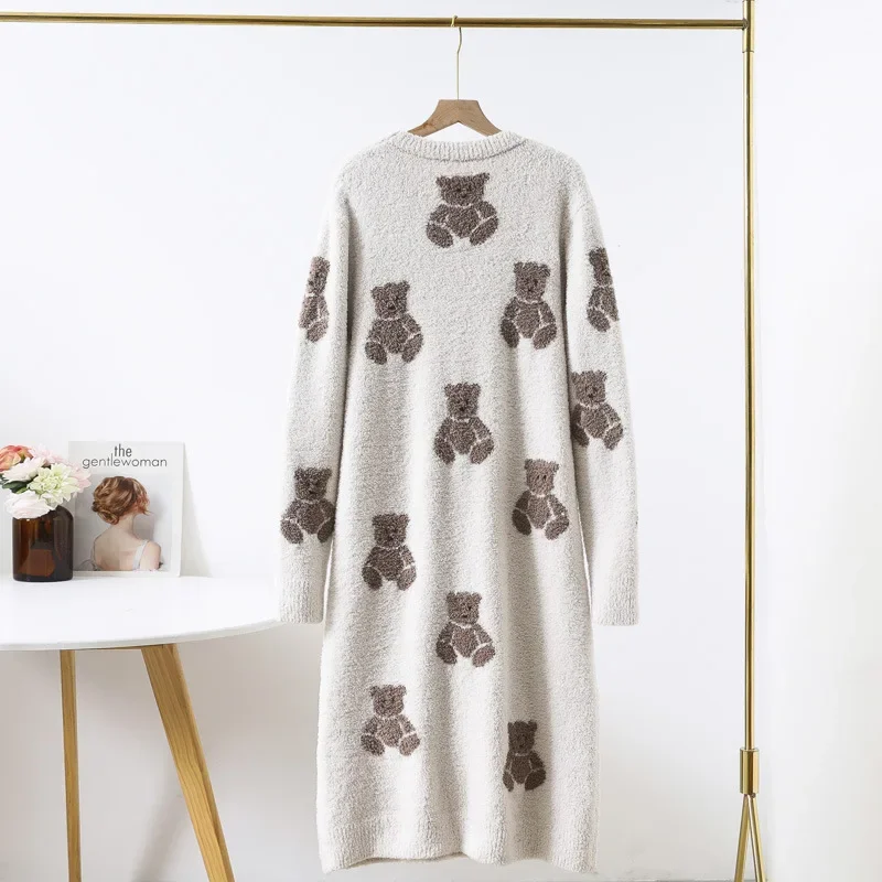 Kuzuwata JAPAN Casual Home Wear Sleepwear O Neck Long Sleeve Bear Embroidery Pajama Dress Autumn Winter Loose Casual Underwear