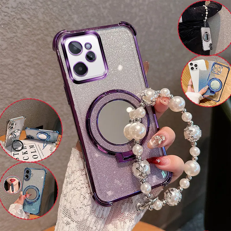 Funda de teléfono con soporte de espejo y brillo para Realme C31 C35 Narzo 50A Prime, con cadena de perlas, anticaída y a prueba de golpes