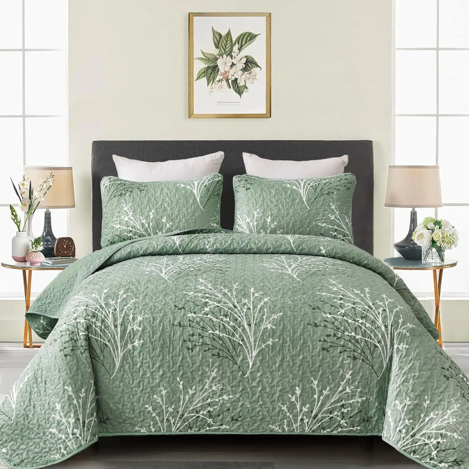

Sage Green Queen Quilt Set - Branch Botanical Bedspread, 3 Piece Floral Bedding, Soft Microfiber All Season