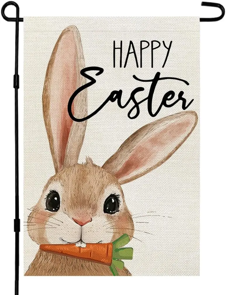CROWNED BEAUTY Happy Easter Bunny Garden Flag 12x18 Inch Double Sided for Outside Small Burlap Carrot Rabbit Holiday Yard De SSL