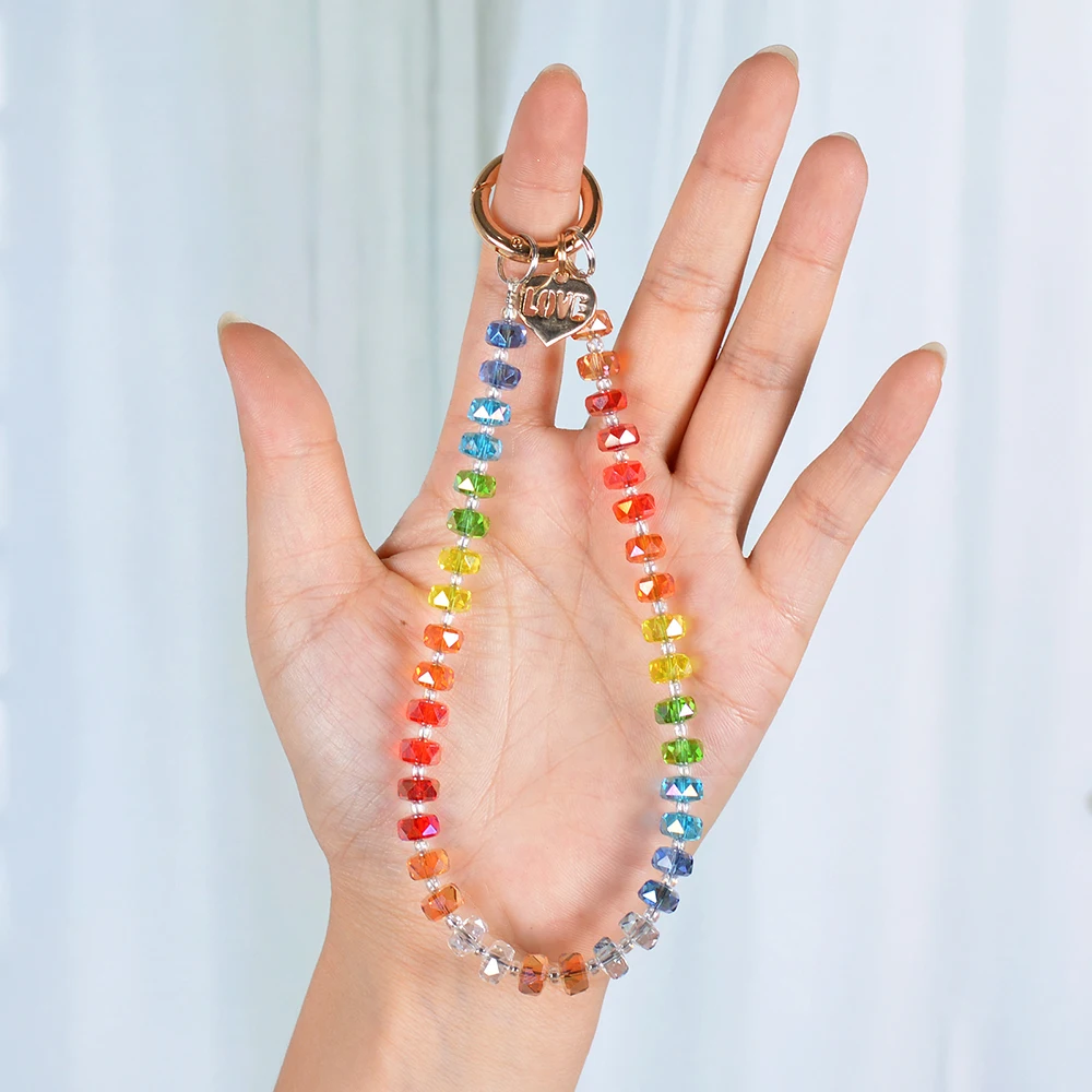 

DIY Bracelet Rhinestone Colorful Beads Metal Love Heart Buckle Pendant Lanyard Hand Wrist Hang Strap Phone Charm Bag Key Chain