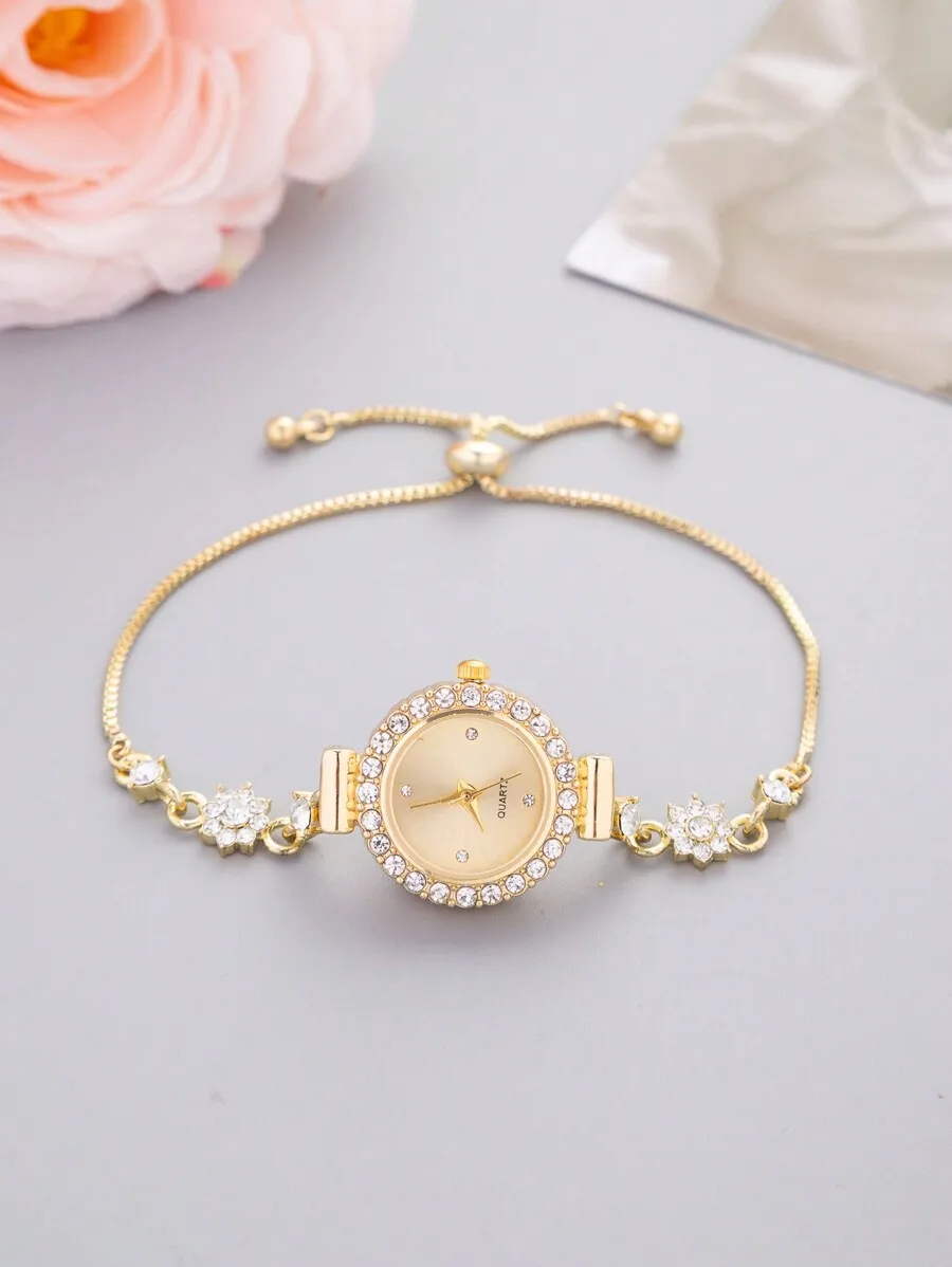 New Casual Fashion Gold Watch For Women, Lovely Round Dial With Crystal Stones, Luxurious Rhinestone Alloy Quartz Bracelet