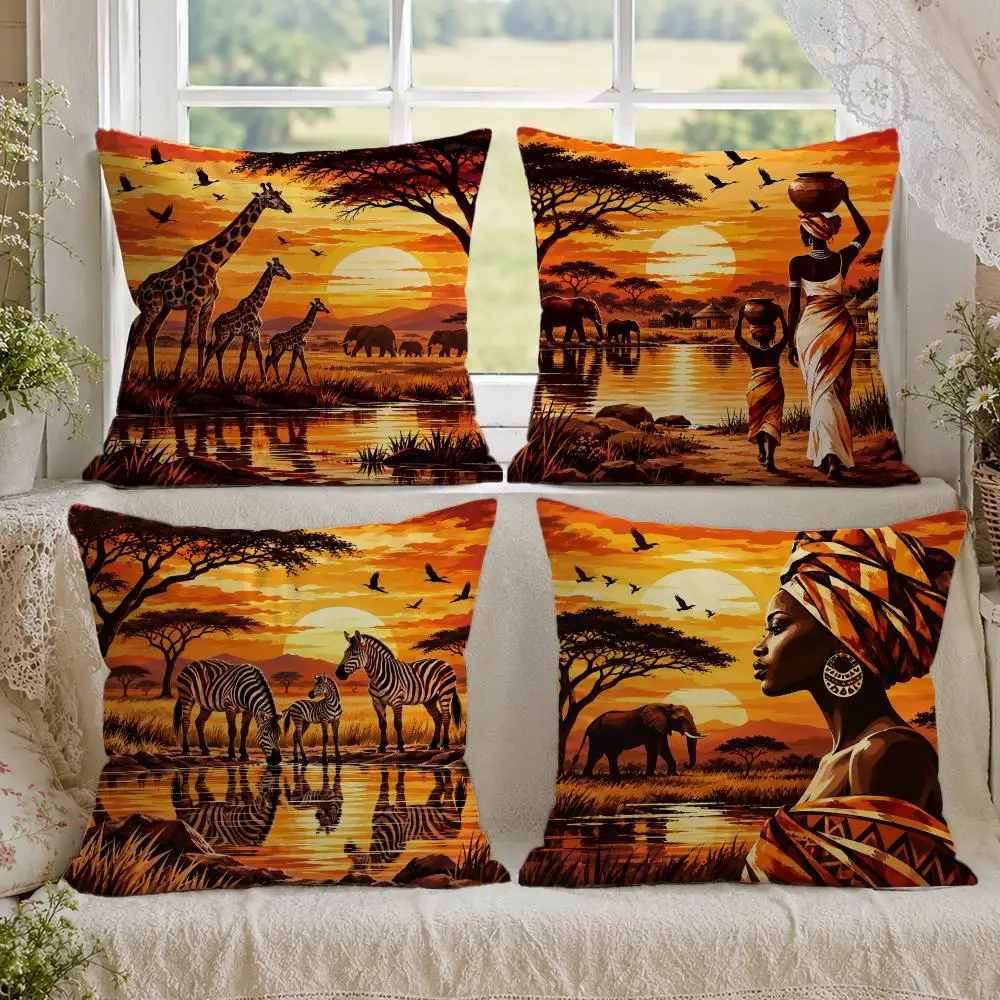 Retro African Woman Wildlife Style Cushion Cover 1/4PCS Linen Sofa Couch Bedroom Living Room Home Decor Pillow Case