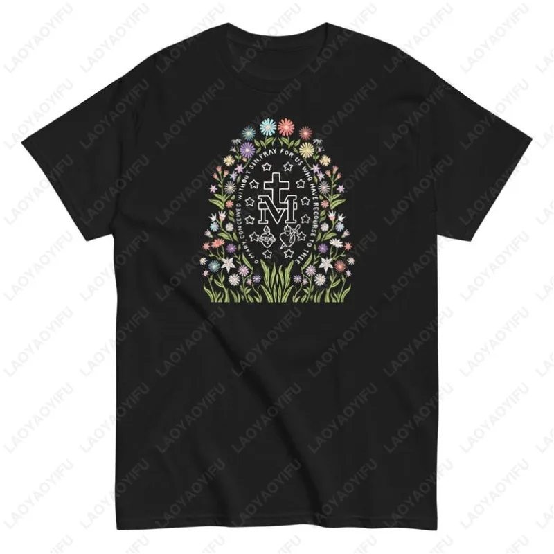Medalla milagrosa Marian católica camiseta Virgen María mujer hombres ropa de algodón Floral cristiano religioso mamá regalo oración camiseta Unisex