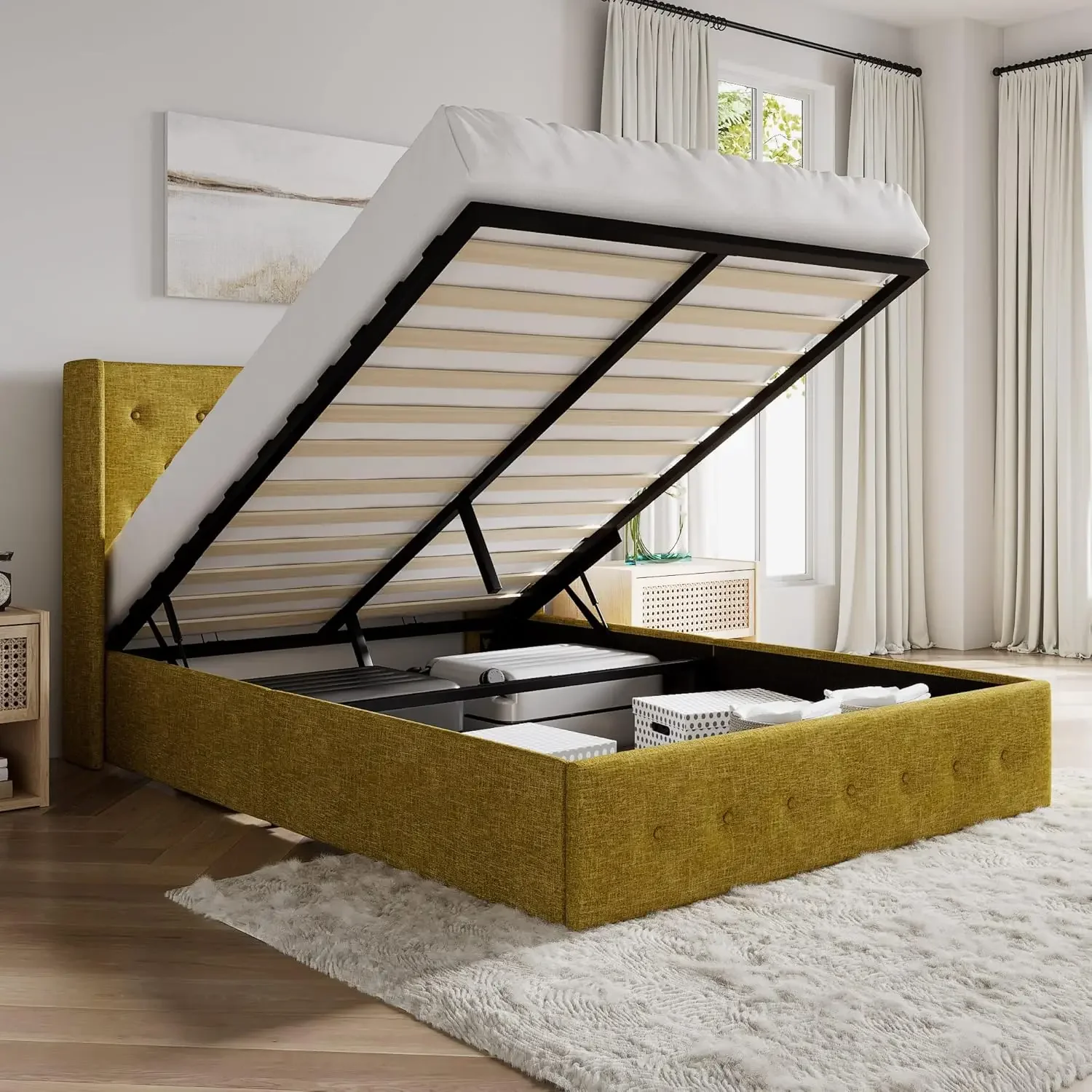 

Queen Size Lift Up Storage Bed, Button Tufted, Wingback Headboard, Hydraulic Storage, Upholstered Platform Bed Frame