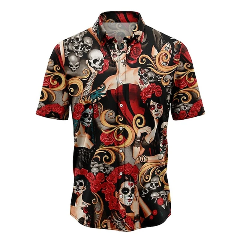 Vintage Skull Print Shirts Men's Personalized Breathable Shirt Summer Cool Button Shirts Men's Hawaiian Short Sleeve Shirts