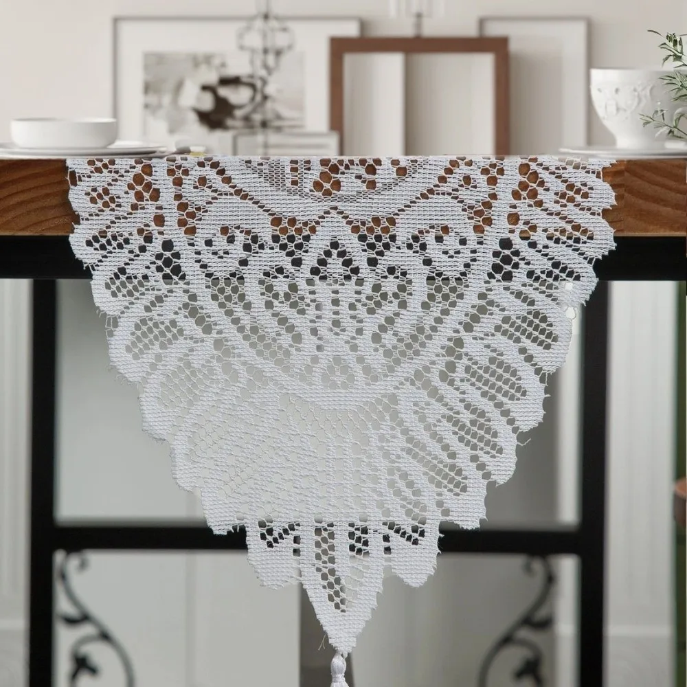 Retro Lace Table Runner Solid Color with Tassel Dining Table Mat Table Decoration for Wedding Banquet