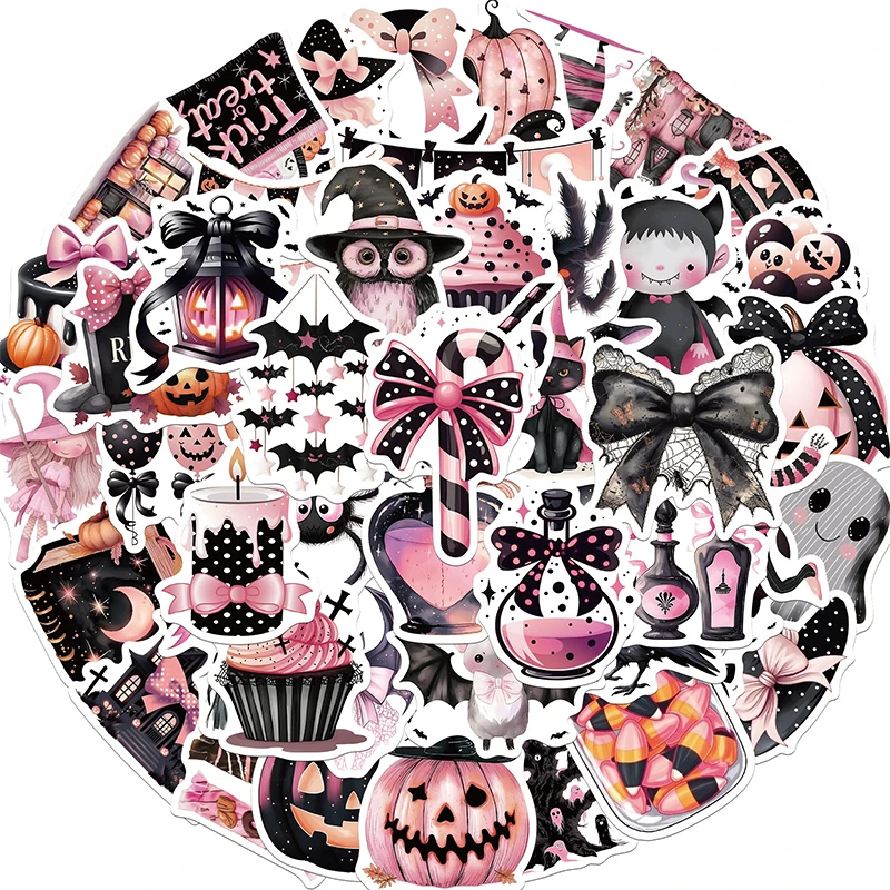 50PCS Cartoon Pink Halloween Stickers Pack Pink Ghost and Pumpkin Sticker Vinyl Waterproof Holiday Party Decals Decorative