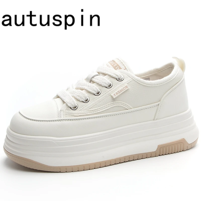 AUTUSPIN Fashion Women High Platform Sneakers Office Lady Outdoor Leisure Genuine Leather Round Toe Walking Shoes Woman 35-40