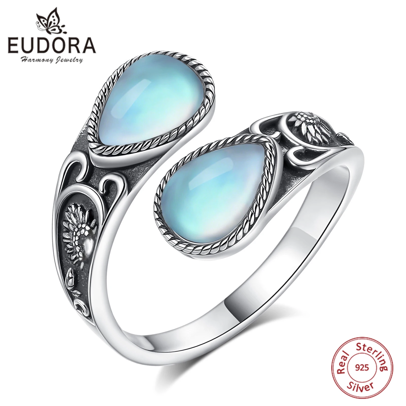 

Eudora 925 Sterling Silver Sunflower Adjustable Ring Moonstone Flower Spoon Ring Vintage Jewelry Personalized Gift for Unisex