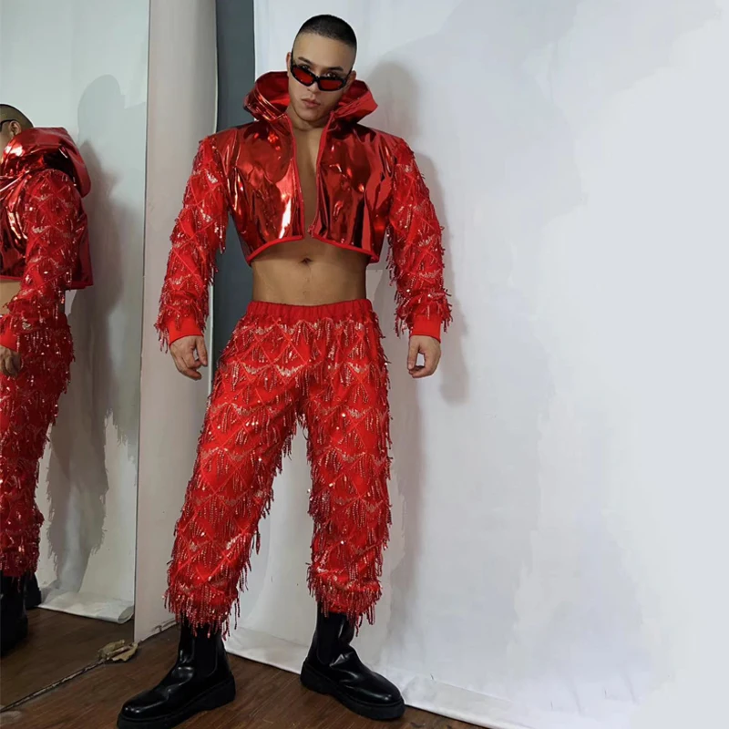 Red Silver Laser Jacket Sequins Pants Men Singer DJ DS Jazz Dance Clothing Sexy Gogo Costumes Nightclub Male Rave Outfit XS7013