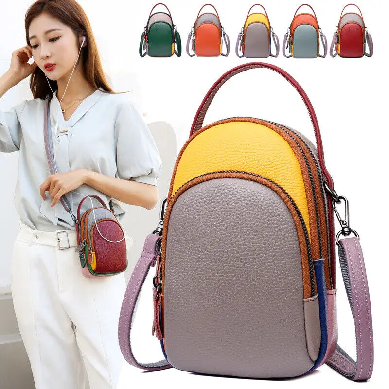Women Small Genuine Leather Phone Bag Pouch Contrast Color Shoulder Crossbody Bag Female Purse Cowhide Cross Body Handbag