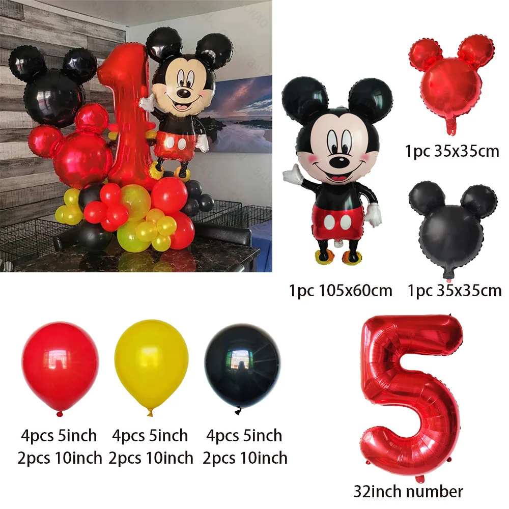 22 stks/set Disney Mickey Mouse Folie Ballonnen Rood Zwart Latex Ballonnen 32 inch Aantal Ballen Verjaardag Baby Shower Partij decoratie