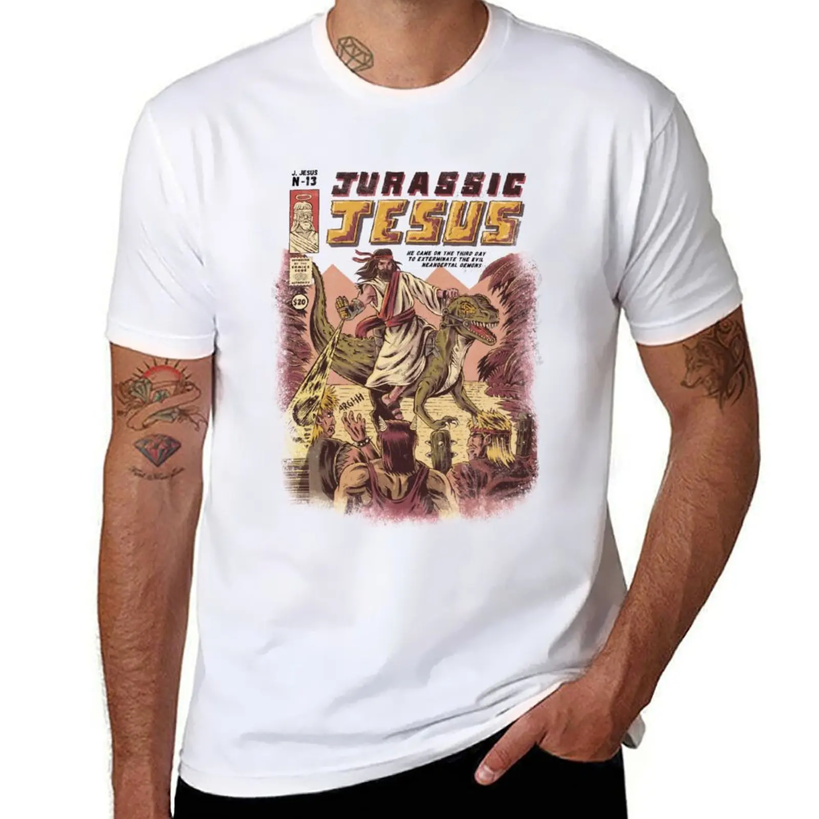

Футболка JURASSIC JESUS, мужская футболка из 100% хлопка, футболка с аниме, футболка
