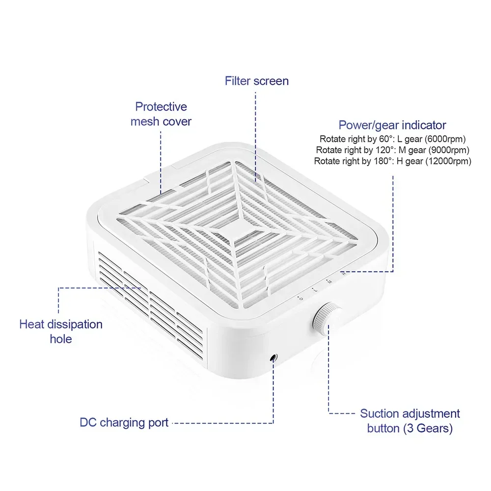 120W Nail Dust Collector Low Noise 12000RPM Turbo Brushless Nail Dust Collector With 2 Reusable Filter Vacuum Fan Dust Extractor