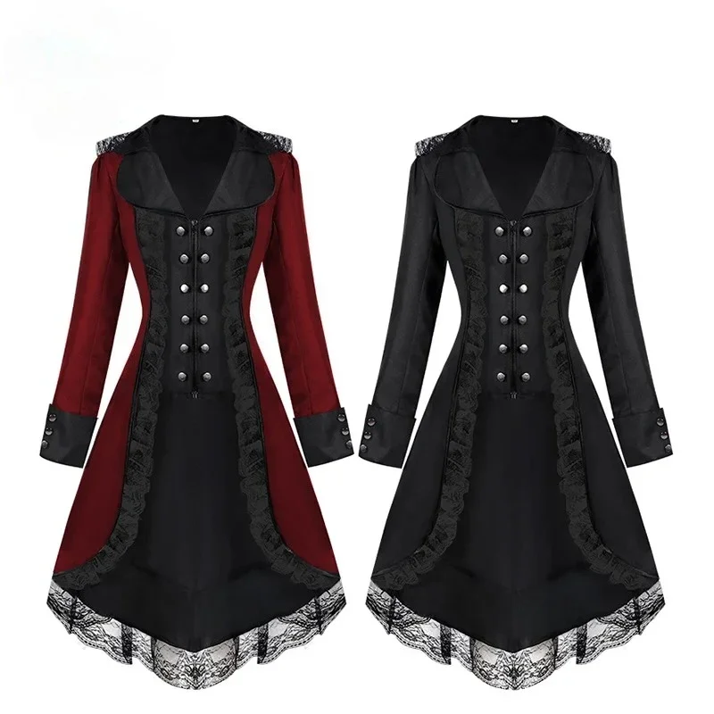 

Средневековый ретро готический викторианский стимпанк смокинг пальто женский пуговицы спереди кружевной лоскутный фрак на молнии сценические костюмы для вечеринок