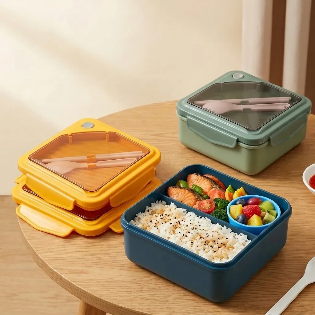 Microwavable Plastic Bento Lunch Box Set for Adults Kids Meal Prep Food Containers with Cutlery Dividers Snack Salad Container