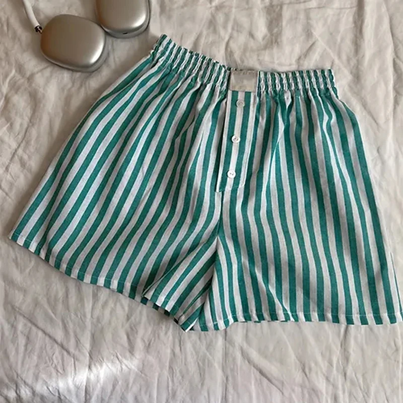 Women's Vintage y2k Striped Pajamas Shorts Clothes 2000s Aesthetic Lounge Sleep Shorts Bottoms Elastic Waist Baggy Boxers