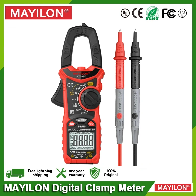 MAYILON HT206A HT206B HT206D 600A Digital Clamp Meter for Measuring AC/DC Voltage Current NCV Temperature Voltmeter Multimeter