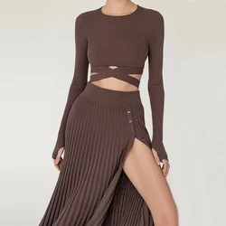 Women Clothing Sets Long Sleeve 2024 Spring Autumn Solid Color Female Fall Ribbed Crop Top+Split Knitted Skirt Sexy Suits