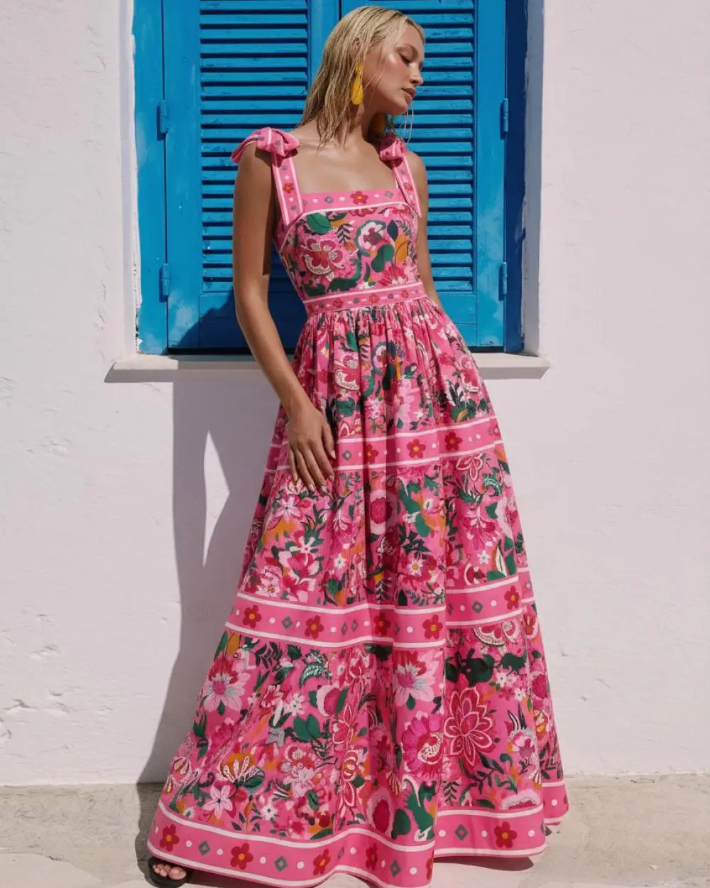 Flaxmaker Pink Floral Print One Piece Swimsuit with Long Maxi Cover Up Skirt 2Pcs Set Tie Strap Bathing Suit Summer Beachwear
