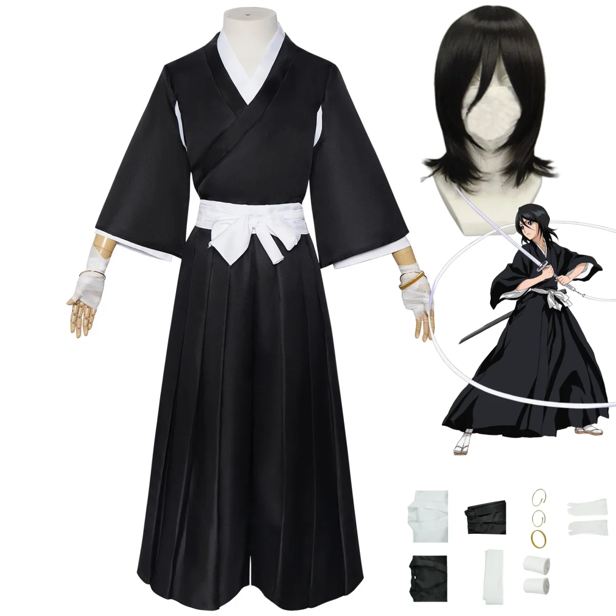 Disfraz de Cosplay de Anime Bleach Shinigami Kuchiki Rukia, Uniforme Japonés de Kendo Negro, Túnica, Peluca, Traje de Halloween para Hombre y Mujer