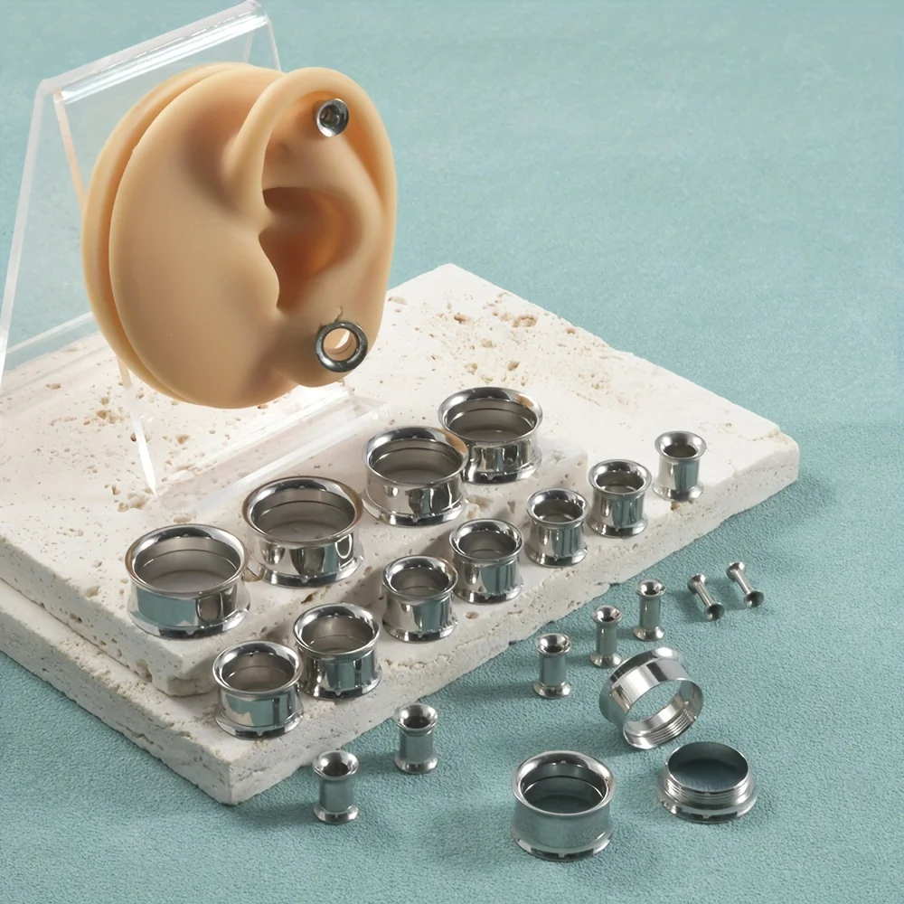 12 Pairs Set Stainless Steel Internal Threaded Ear Plugs Mix Sizes Tunnels Flesh Earring Gauges Hollow Piercings 2-20mm