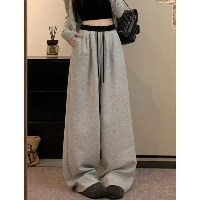 Color Blocking Splicing High Waisted Casual Pants for Women, New Style Slimming, Drawstring Wide Leg Straight Leg Long Pants