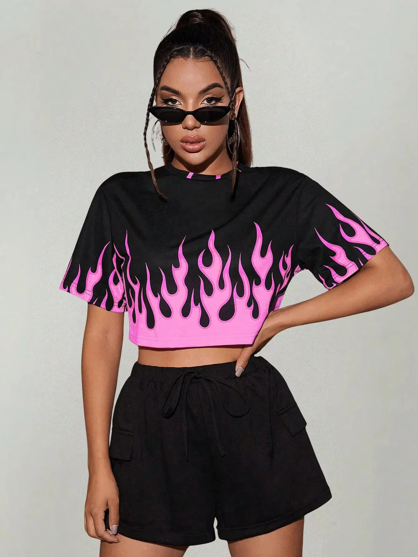 Camiseta corta con diseño de estampado de llama para mujer, camiseta informal de verano para correr, Top corto de entrenamiento, Camiseta corta holgada para mujer para baile