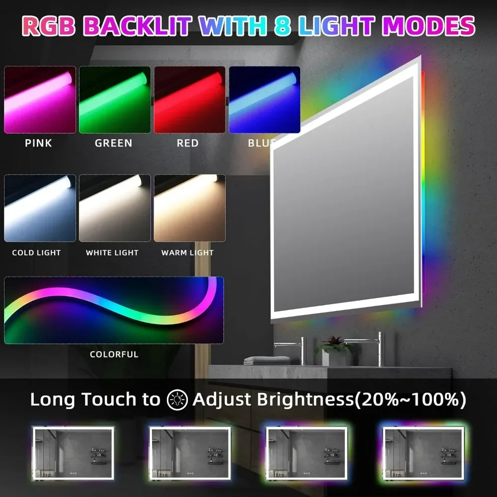 48x32 Inch LED Bathroom Mirror with Lights,Tempered Glass,Vanity Mirror for Wall-Mounted,Waterproof,Dimmable,Memory Function