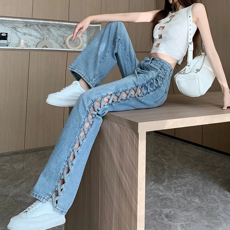 

Women's Side Criss Cross Lace Up Hollow Out Jeans Full Length Slim Fit Denim Pants Loose Casual Pocket Zipper Denim Pants Jeans