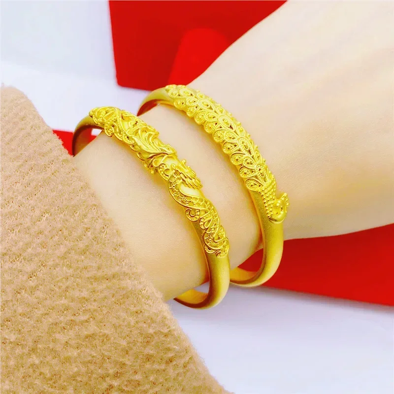 Imitation Gold 100% 24K Real Gold 18K Ancient Bracelet Female Dragon And Phoenix Peacock Frosted Open Bracelet Solid Jewelry