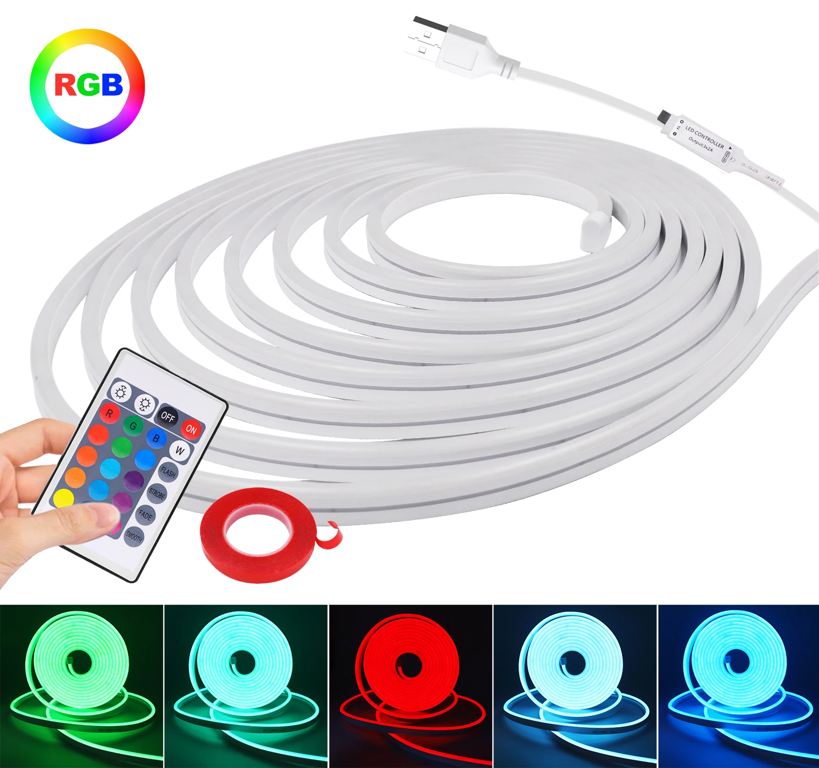 DC 5V USB RGB Neon Strip Light IP65 Waterproof 108Leds/M 6X12MM Home Decor Flexible Ribbon Tape Rope LED Strip