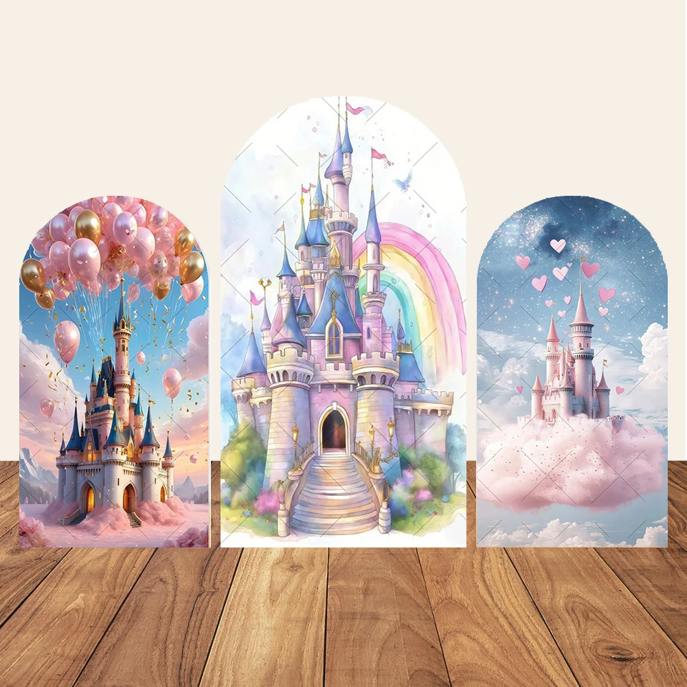 

Princess Castle Blue Arch Backdrop Cover Pink Castle Kids Birthday Baby Shower Party Photography Background Wall Decoration
