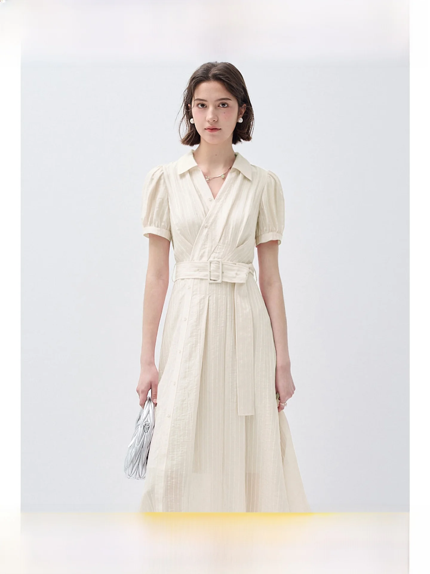 

plus Size Women's V-Neck Shirt Dress Waist Cinched A-Line Long Summer New Style Micro Plump MM Skirt Elegant Simple Style