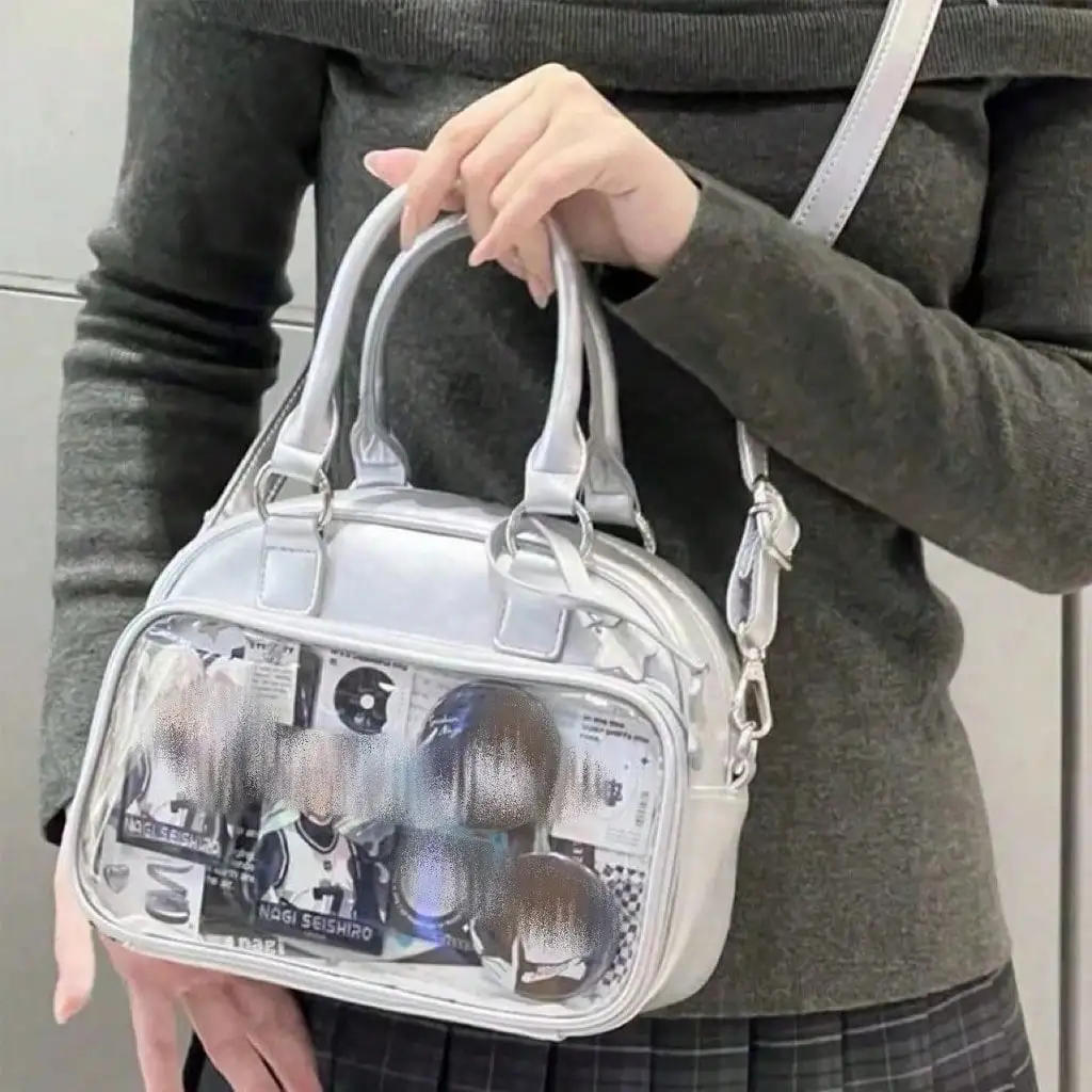 

Silver PU Itabag Cartoon Print Bowling Bag with Badge Elements, Large Capacity Shoulder Handbag for Women Students