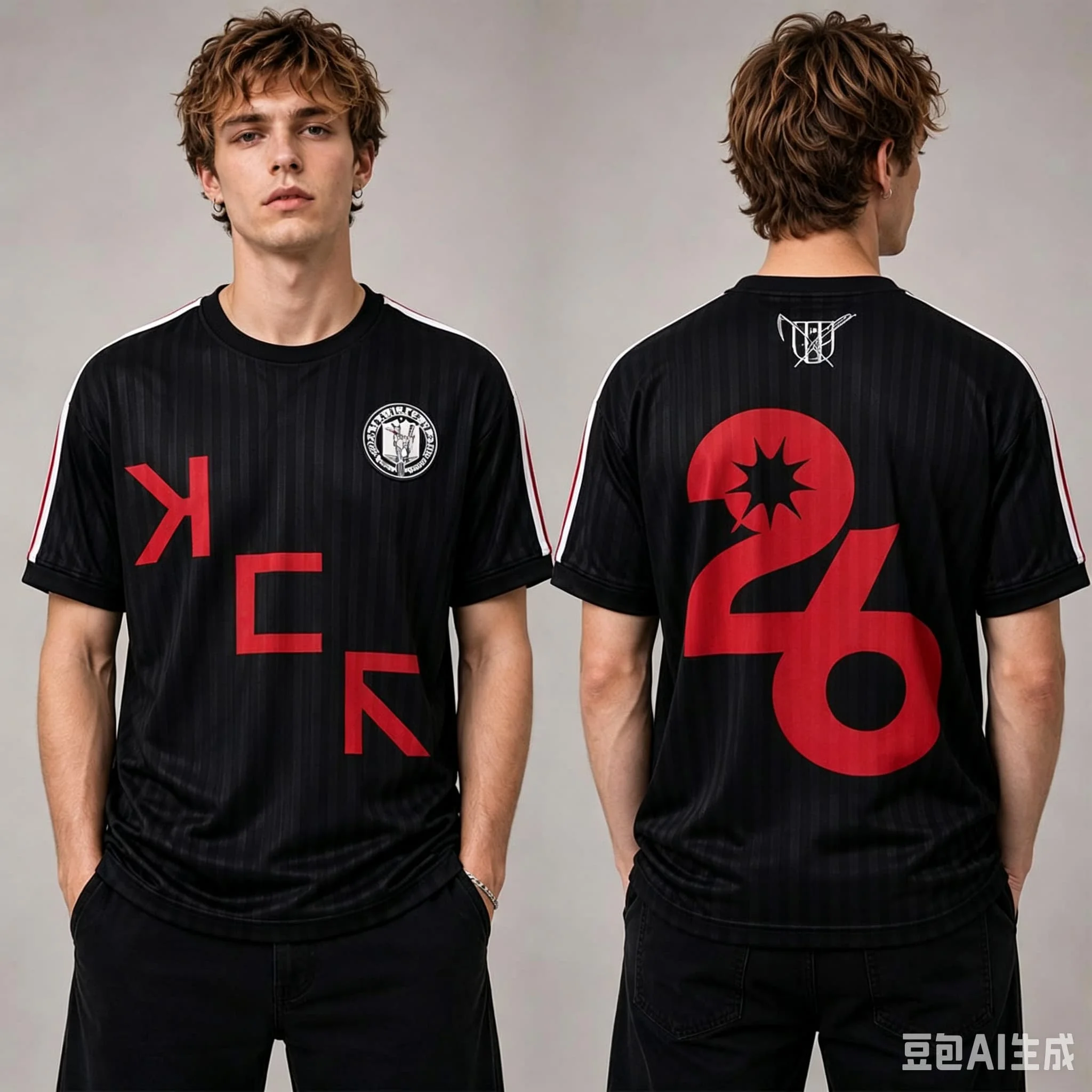 Image of Herren-Fußballtrikot mit schwarzen vertikalen Streifen, KCK-Buchstabe, große Nummer 26, Aufdruck, kurze Ärmel, weiß, roter Streifen an der Schulter, Streetwear