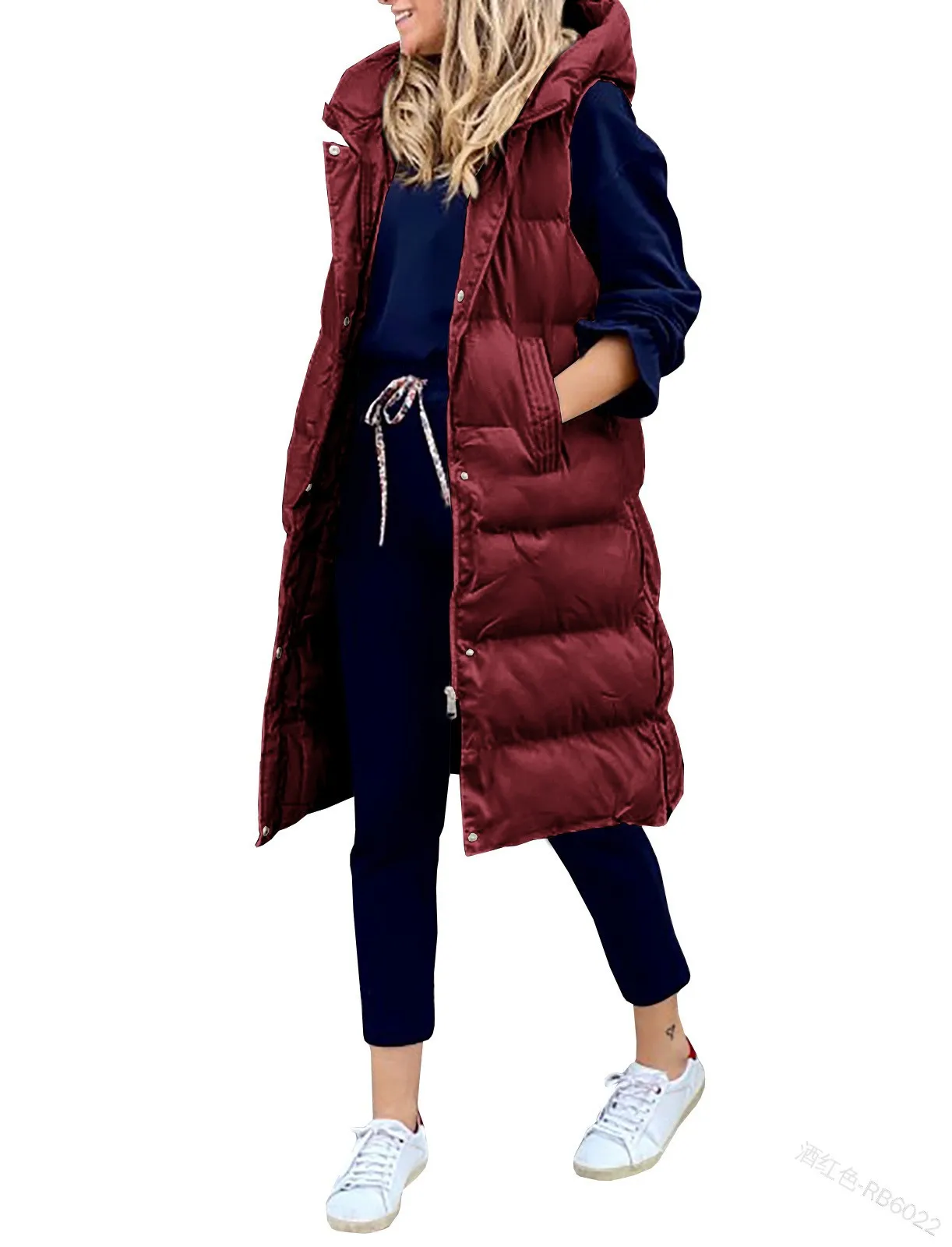 Solid color hooded long cotton jacket vest casual fashion single breasted sleeveless jacket for women