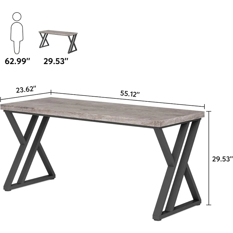 Schrijfcomputerbureau, 55 Inch Zwaar Studiebureau Met Z-Vormige Metalen Poot, Moderne Eenvoudige Computertafel Voor Thuiskantoor, Speelbureau