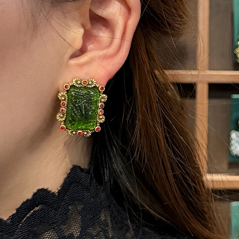 Vintage Green Glass Stud Earrings For Woman Square Gold Plated Wedding Party Accessories Natural Stone Gift 2026 New Arrival
