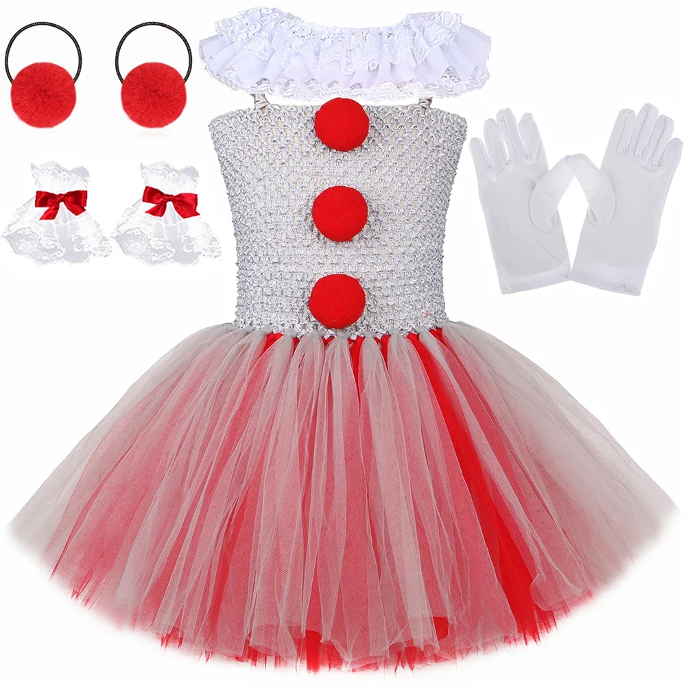 

Creepy Clown Pennywise Costume for Halloween Tutu Dress Gray Scary Joker Cosplay Carnival Party Dresses Girls Fancy Clothes