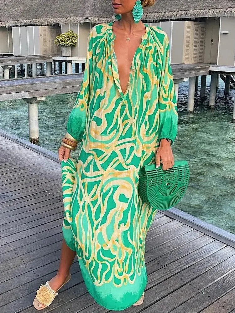 Autumn New Women\'s Sexy V-neck Long Sleeved Fashionable Printed Button Casual Loose Comfortable Floor Length Skirt For Women