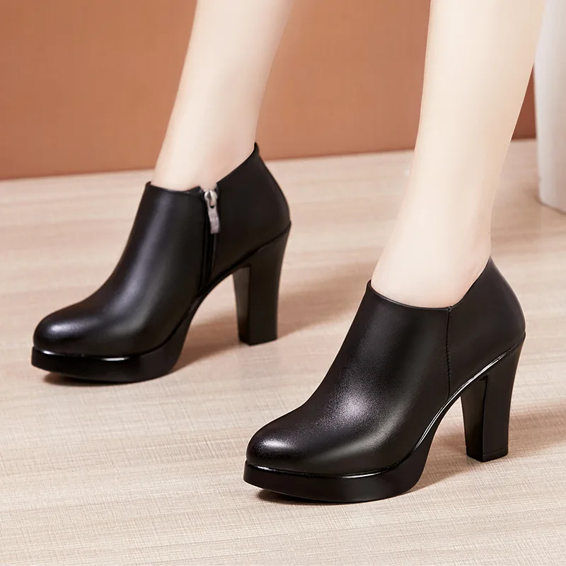 high quality leather shoe for women 8cm 10cm high heel platform point toe 32 33 43 elegant fashion 2024 autumn winter shoe black