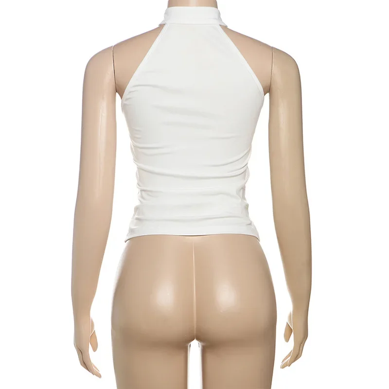 Women Solid Metal Buckle Tank Crop Tops Sexy Hollow Out O-neck Sleeveless Slim Casual Streetwear Vests Female Summer Tees