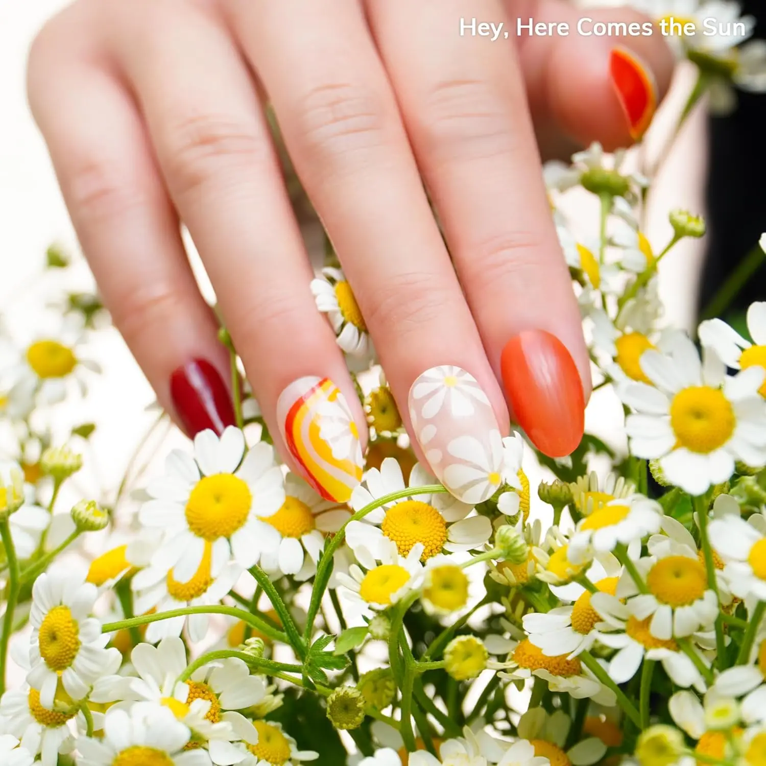 セミキュアジェルネイルストリップ、サマーフローラルレッド、LEDランプ不要、プレップパッド、ファイル、スティック付き28枚入り