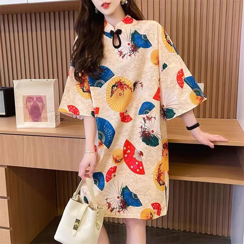 DAYIFUN-Chinese Style Shirts Dress,Lady 2024 New,Short-sleeved,Modified Loose Dresses,Female Stand Collar,Short Women's Clothing