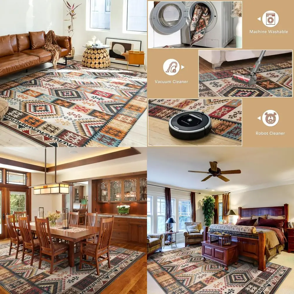 

Moroccan Aztec Design Area Rug - 8x10 Feet, Brown, Low Pile, Non-Slip, Washable, Suitable for Living Room, Bedroom, Dining Room