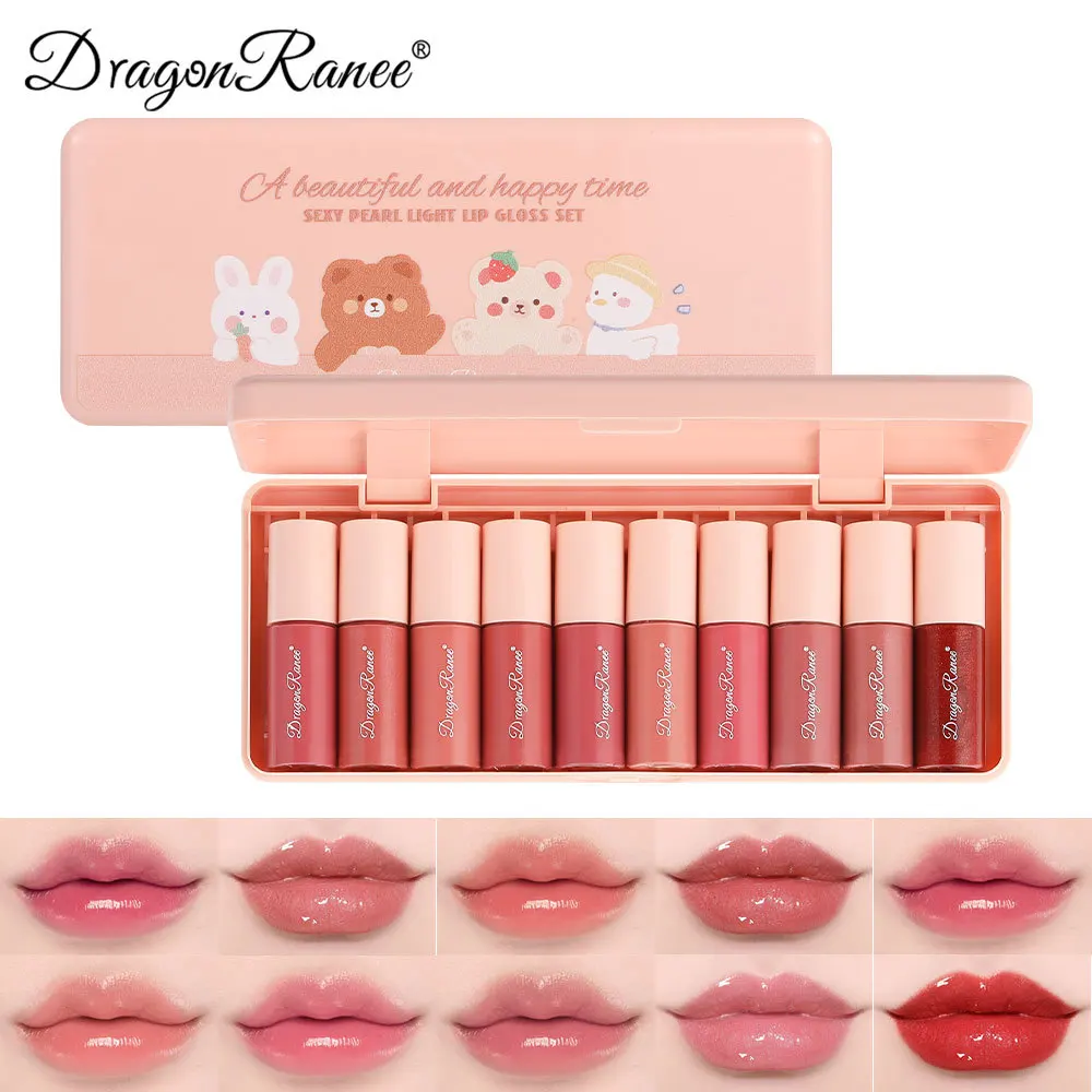 Dragon Ranee 10colors Cartoon Set Waterproof Moisturizing Lip Glaze Set Non-fading Lip Liquid Mirror Lipstick for  Lip Gloss