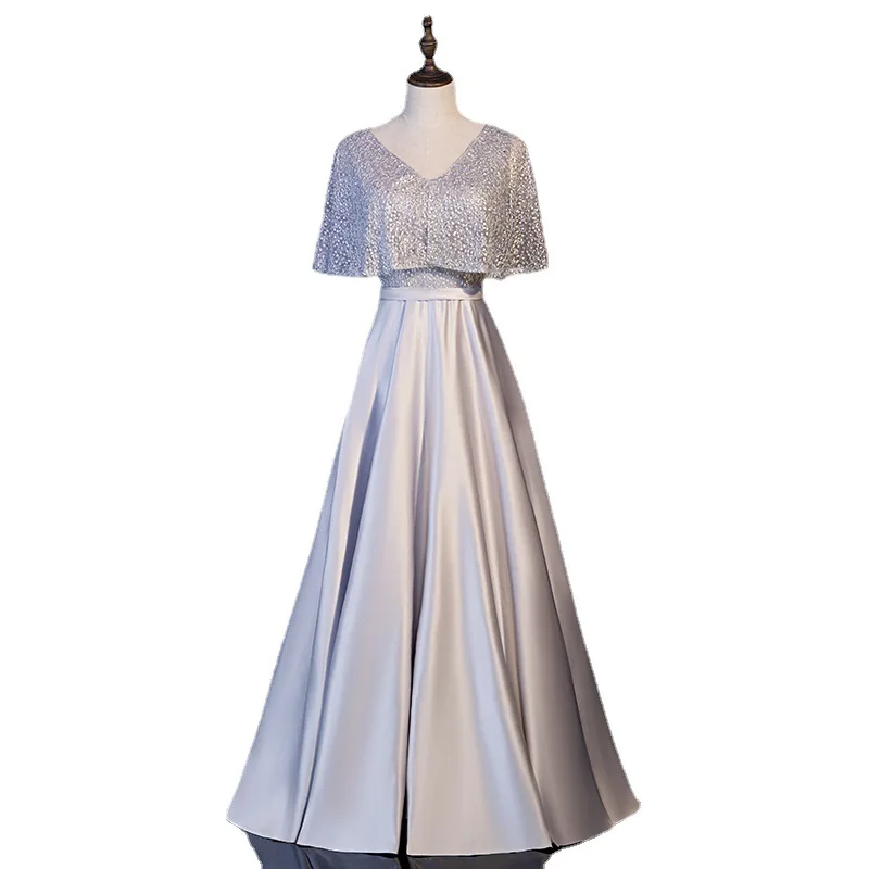 Fashionable New Chorus Dress Women's Evening Dress Elegant Long One Shoulder Drifting Sleeves V-neck Host Dress Performance