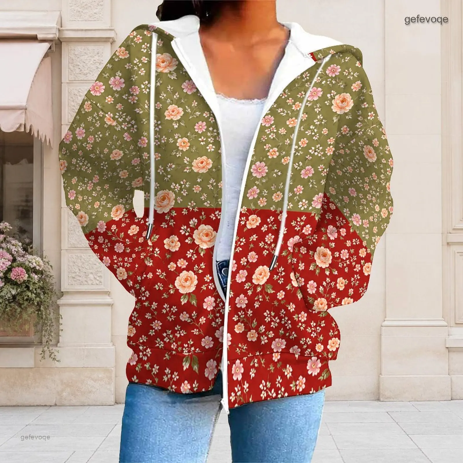Women Blue Base Allover Floral Printed Long Sleeve Zip Up Hooded Hoodie